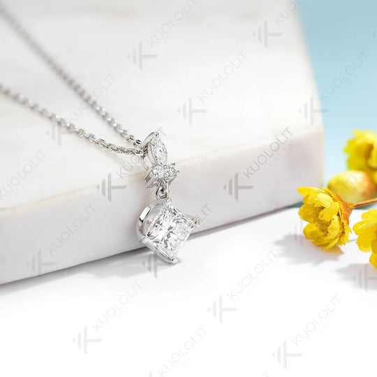 Kuololit IGI 1CT Lab Grown Diamond Necklace for Women Solid 10K 14K 18KGold Princess Pendant with Chain for Engagement Christmas
