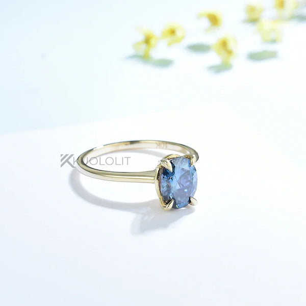 Kuololit 1.5CT Oval Dark Blue Moissanite Ring for Women Solid 14K 18K Yellow Gold