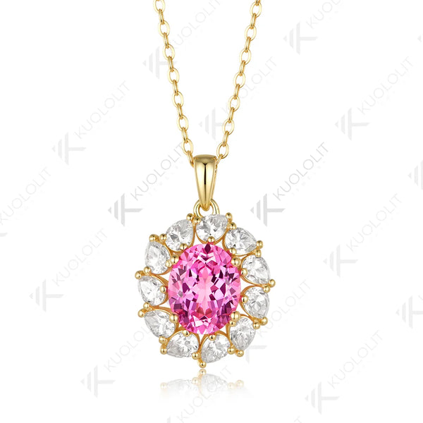Kuololit 3.5CT Lab Pink Sapphire Pear Moissanite Necklace for Women Solid 585 14K 10K Yellow Gold Custom Necklace for Christmas