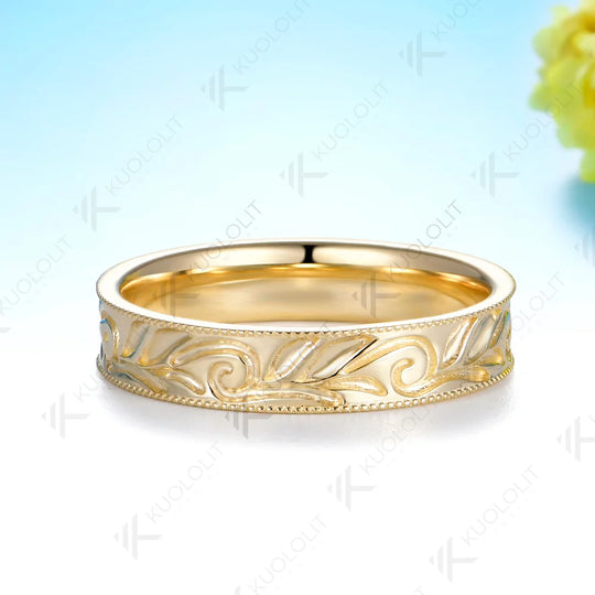 Kuololit Leaves 4MM Band Custom Ring for Women Solid 14K 10K Yellow Gold Wedding Band Ring for Christmas Gifts Party Anniversary