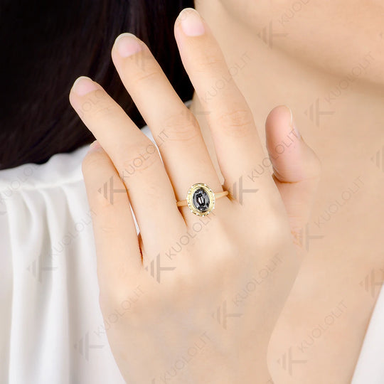 Kuololit 1.5CT OMC Grey Moissanite  Ring for Women Solid 14K 10K Yellow Gold Engagement Oval Ring for Christmas Gift Party