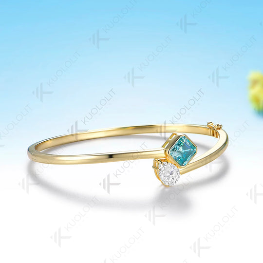 Kuololit 3.2CTW Cyan Moissanite Pear Asscher Cut Bangle for Women Solid 10K Yellow Gold Pear Bangle for Trendy Christams Gifts