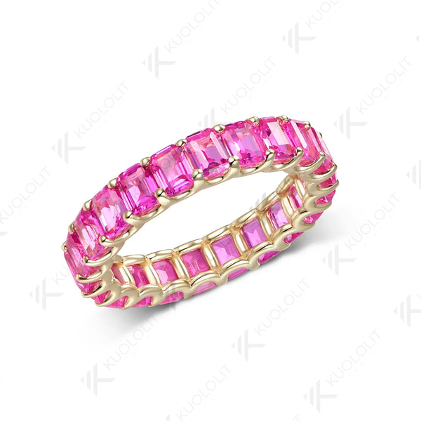 Kuololit 6.6CTW Lab Grown Pink Sapphire Custom Ring for Women Solid 14K 10K 585 Yellow Gold Full Eternity Band for Christmas