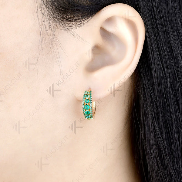 Kuololit 1CTW Lab Grown Emerald  Hoop Earrings for Women Solid 14K 10K Yellow Gold Earrings for Christmas Gift Party Jewelry