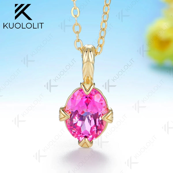 Kuololit 2CT Lab Pink Sapphire or Moissanite Set Necklace for Women Solid 14K 10K 585 Yellow Gold Necklace for Christmas Gifts Party