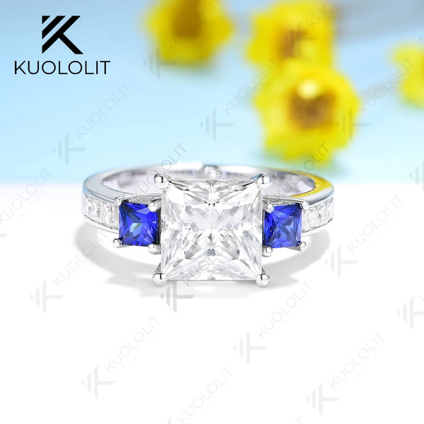 Kuololit3CT Priness Cut Moissanite Engagement Ring for Women Solid18K14K10KWhite Gold Lab Blue Sapphire Ring for Christmas Gifts