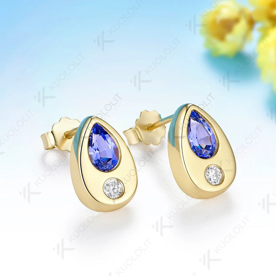 Kuololit Lab Grown Sapphire Diamonds Earrings for Women Solid 14K 10K 585 Yellow Gold Stud Earring for Christmas Gifts New
