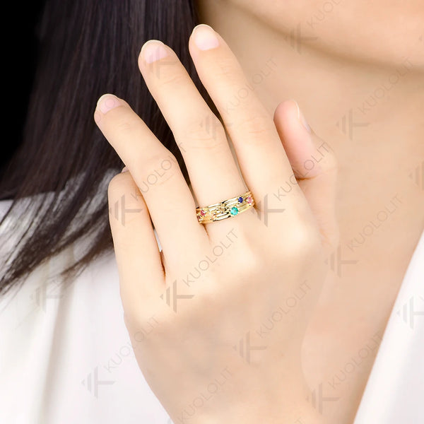 Kuololit Lab Grown Coloful Rainbow Gemstones Round Cut Custom Ring for Women Solid 14K 10K 585 Yellow Gold for Christmas Gifts