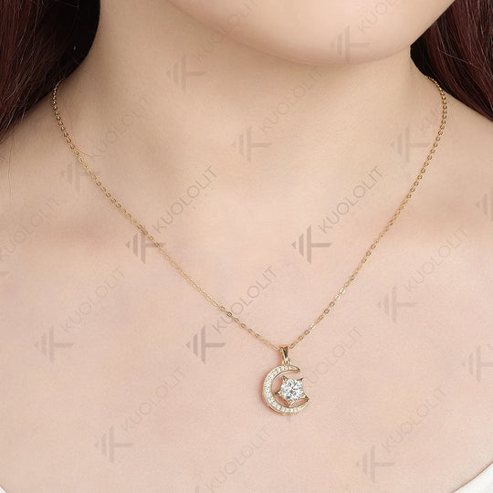 Kuololit IGI 1.2CT Moon Star Lab Grown Diamond Necklace for Women Solid 10K 14K Gold Diamond Pendant for Engagement Christmas