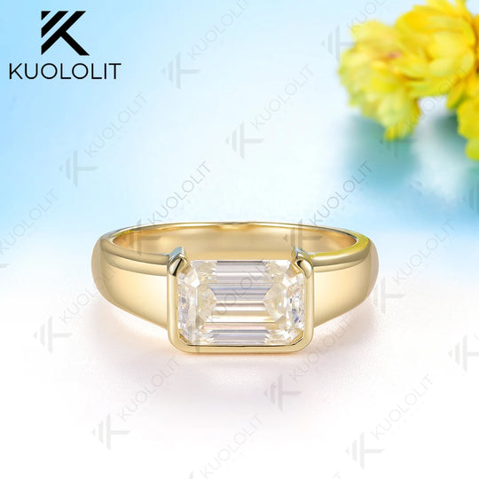 Kuololit 2.5CT Emerald Moissanite Engagement Ring for Women Solid 18K 14K 10K 585 Yellow Gold Half Bezel Set Ring for Christmas