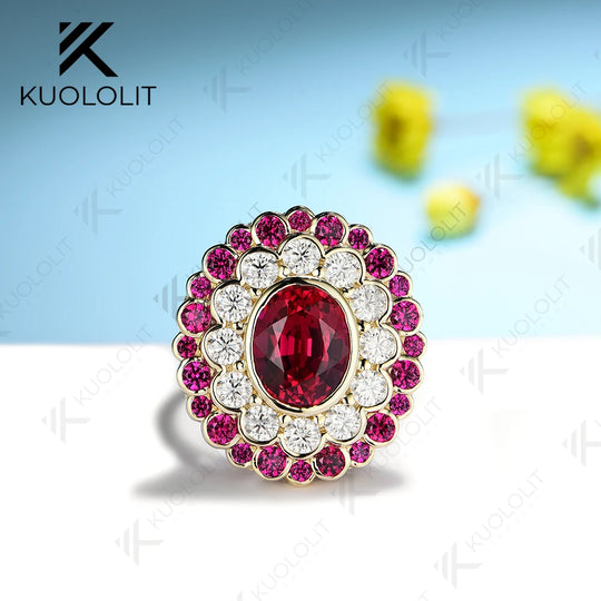 Kuololit 3CT Lab Grown Ruby with Moissanite Rings for Women Olid 14K 10K 585 White Gold Silver for Engagement Wedding Christmas