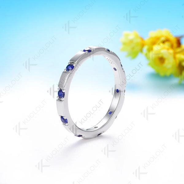 Kuololit 0.3CTW Lab Grown Blue Sapphire Band for Men Women Solid 18K 14K 10K Gold White Gold Engagement Ring for Christmas Gifts