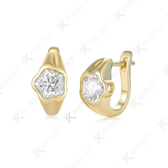 Kuololit 6CTW Moissanite Clip Earring for Women Solid 14K 10K Yellow Gold Flower Cut Plant Earring for Christmas Gift Party