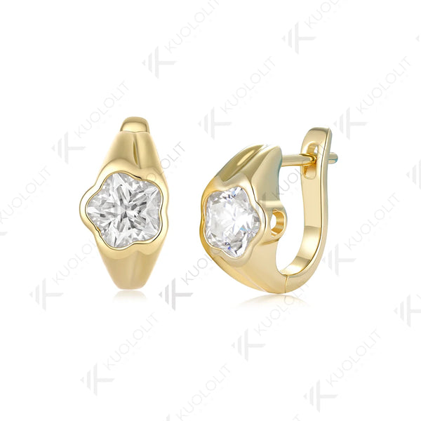 Kuololit 6CTW Moissanite Clip Earring for Women Solid 14K 10K Yellow Gold Flower Cut Plant Earring for Christmas Gift Party