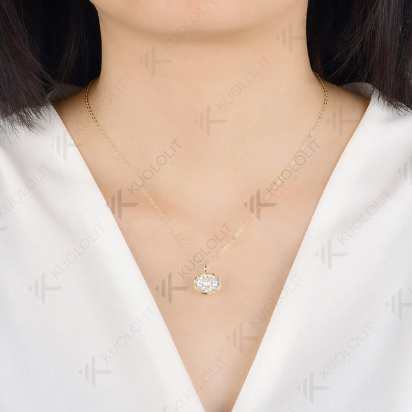Kuololit 5CT Oval Cut Moissanite Custom Necklace for Women Solid 585 14K 10K Yellow Gold Necklace for Christmas Gifts Engagement