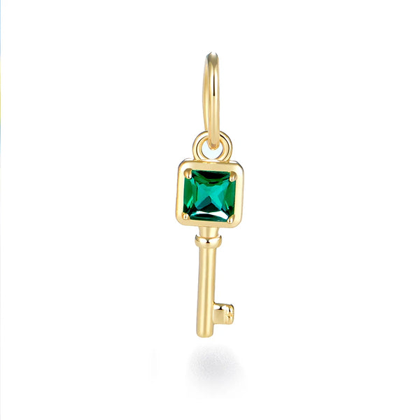 Kuololit Key Pendant Lab Grown Emerald Pink Sapphire Moissanite for Women Solid Yellow Gold No Chain