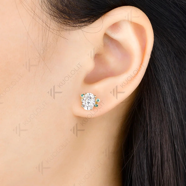 Kuololit 3CTW Oval Moissanite Lab Emerald Custom Stud Earrings for Women Solid 14K 10K 585 Yellow Gold for Christmas Gift Party
