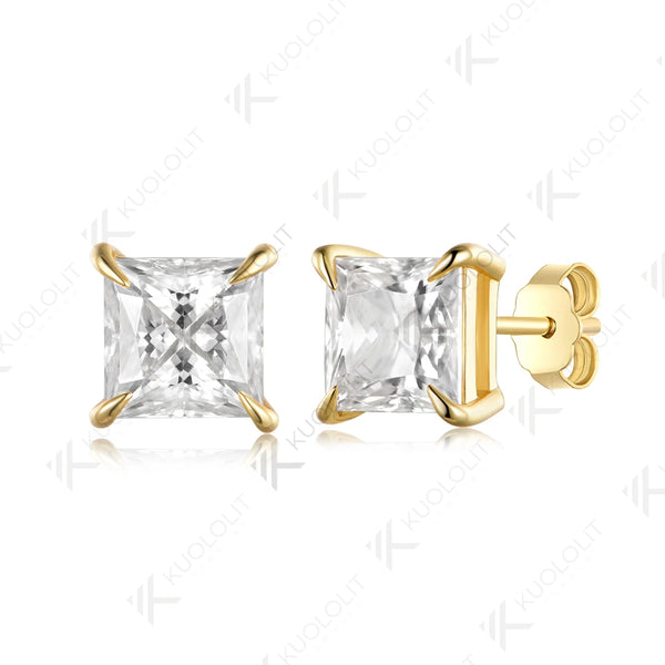 Kuololit 2.4CTW Princess Cut Moissanite Custom Stud Earrings for Women Solid 14K 10K 585 Yellow Gold Stud Earrings for Christmas