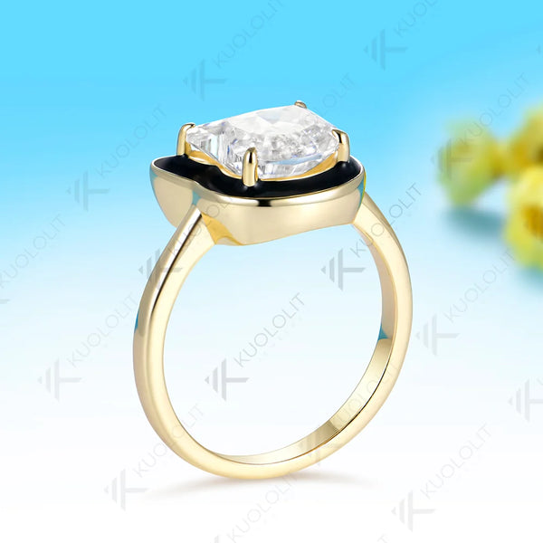 Kuololit 3CT Moissanite Black Enamel Ring for Women Solid 14K 10K 585 Yellow Gold Cat Cut Custom Ring for Christmas Gift Party