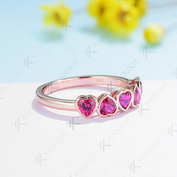 Kuololit 2.3CTW Lab Grown Ruby Heart Cut Band Ring for Women Solid10K 14K 18K Rose Gold Gemstone Ring for Wedding Christmas Gift