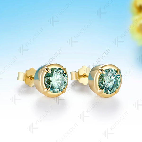 Kuololit 1.6CTW Cyan Moissanite Stub Earrings for Women Solid 14K 10K Yellow Gold Stub Green Earrings for Christmas Gifts Party