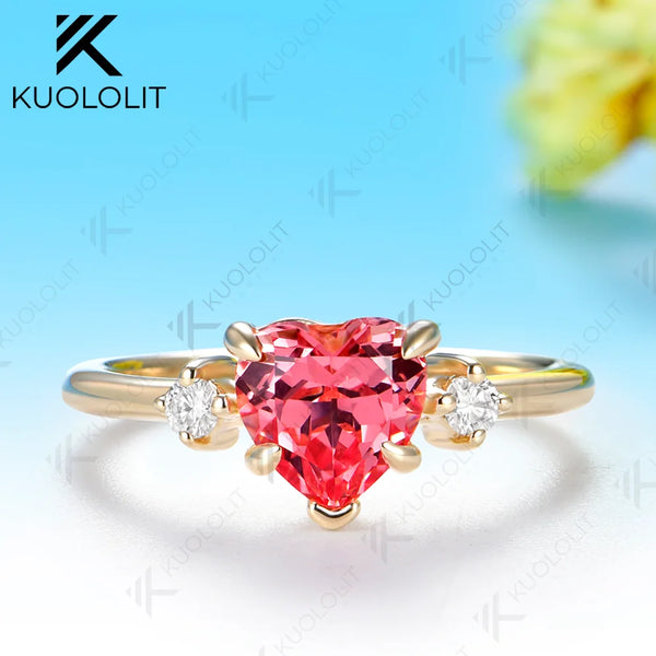 Kuololit 1CT Lab Grown Pink Sapphire Diamonds Custom Ring for Women Solid 14K 10K 585 Yellow Gold Heart for Christmas Gift Party