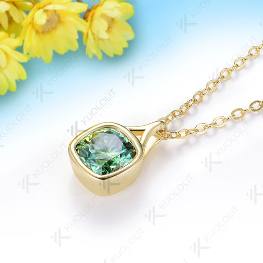 Kuololit 2CT Cyan Moissanite Lab Grown Alexandrite Cushion Cut Necklace for Women Solid 925 10k 14k Yellow Gold Necklace for Engagement Christmas Gift
