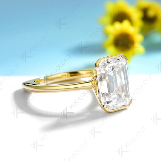 Kuololit 4.5CT Eemerald Cut Moissanite Europe Shank Ring for Women Solid 14K 10K Yellow Gold for Christmas Gift Party Engagement