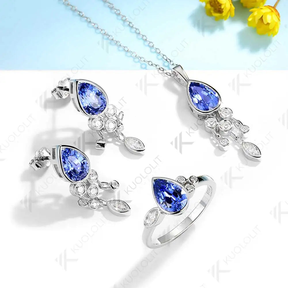 Kuololit 3CTW Lab Grown Blue Sapphire with Moissanite Stud Earrings for Women Solid 14K 10K 585 Gold Pear Earrings for Christmas