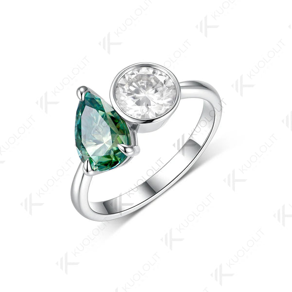 Kuololit 2.5CTW Cyan Pear Round Cut Moissanite Custom Ring for Women Men Solid 14K 10K 925 Silver White Gold for Christmas Gifts