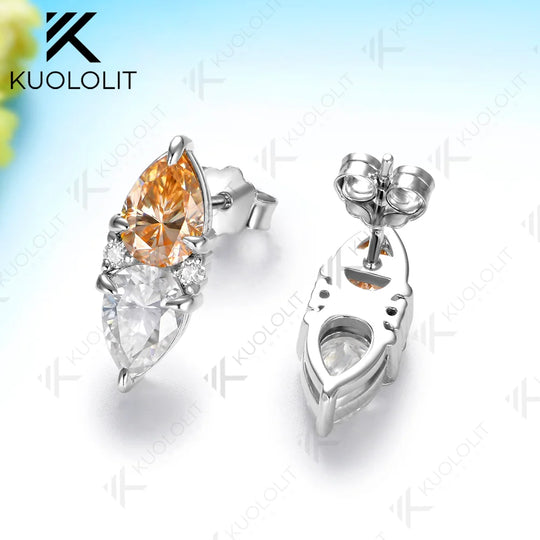 Kuololit 5CTW Champagne Moissanite Custom Stud Earrings for Women Solid 14K 10K 585 Yellow Gold Pear Cut for Christmas Gifts