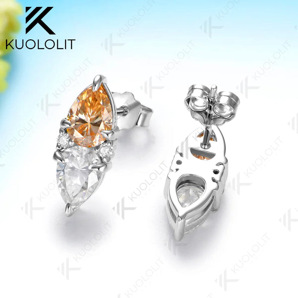 Kuololit 5CTW Champagne Moissanite Custom Stud Earrings for Women Solid 14K 10K 585 Yellow Gold Pear Cut for Christmas Gifts