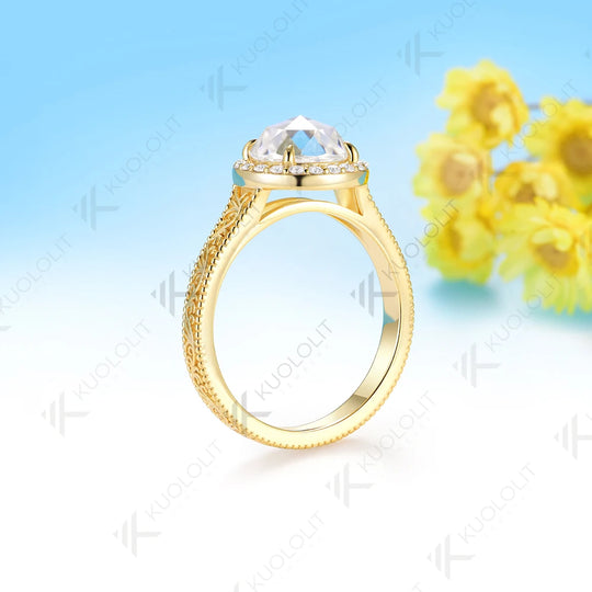 Kuololit 2CT Rose Cut Round Moissanite Engagement Ring for Women Solid 14K10K 585 Yellow Gold Ring for Christmas Gift Party