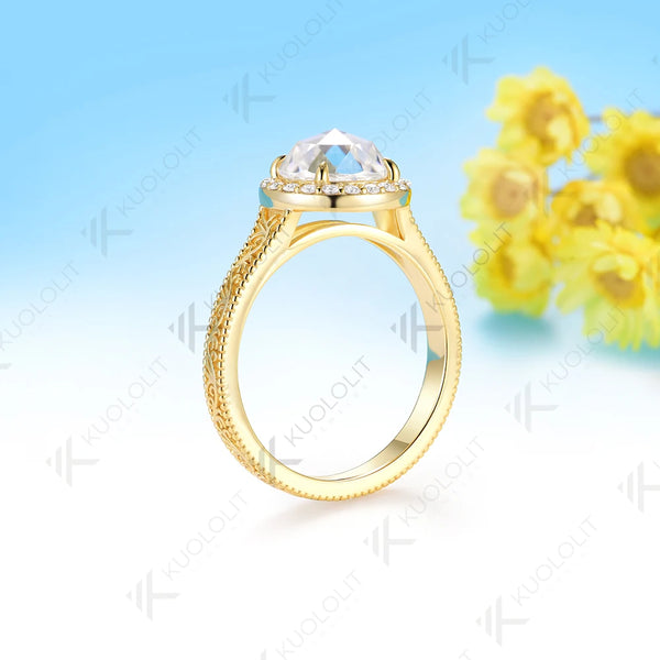 Kuololit 2CT Rose Cut Round Moissanite Engagement Ring for Women Solid 14K10K 585 Yellow Gold Ring for Christmas Gift Party