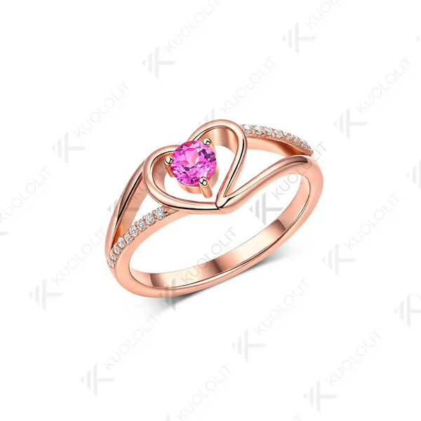 Kuololit Lab Pink Sapphire Diamonds Rings for Women Soild 10K 14K Yellow Gold Diamond Heart Ring  for Engagement Christmas Gifts