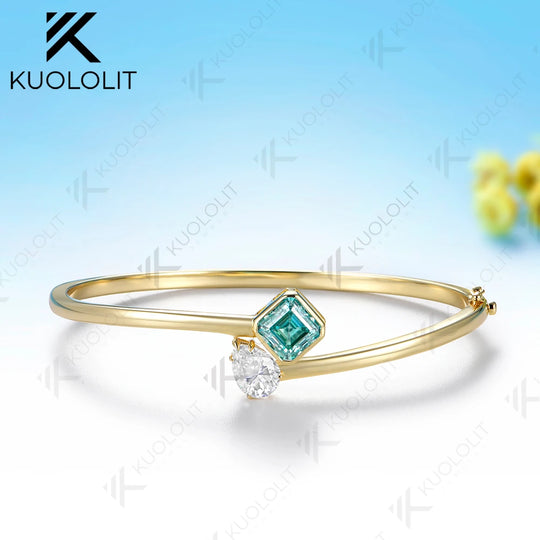 Kuololit 3.2CTW Cyan Moissanite Pear Asscher Cut Bangle for Women Solid 10K Yellow Gold Pear Bangle for Trendy Christams Gifts
