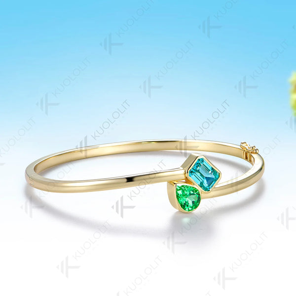 Kuololit 3.5CTW Mint Green Sapphire Paraiba Custom Bangle for Women Solid 10K Yellow Gold for Engagement Trendy Christams Gifts