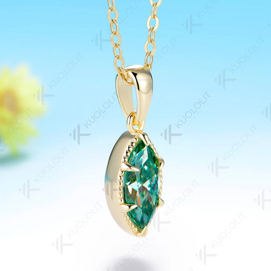 Kuololit 1CT Cyan Moissanite Marquise Custom Necklace for Women Solid 585 14K 10K Yellow Gold Necklace for Christmas Gifts Party