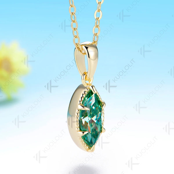 Kuololit 1CT Cyan Moissanite Marquise Custom Necklace for Women Solid 585 14K 10K Yellow Gold Necklace for Christmas Gifts Party