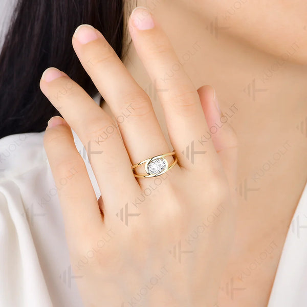 Kuololit 1.5CT Moissanite Custom Ring for Women Solid 14K 10K 585 Yellow Gold Oval Cut Engagement Ring for Christmas Gifts
