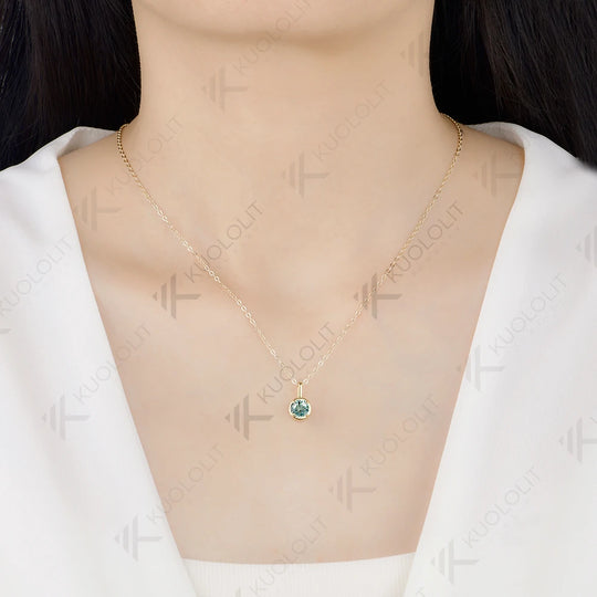Kuololit 0.8CT Cyan Moissanite Round Necklace for Women Solid 585 14K 10K Yellow Gold Necklace for Engagement Christmas Gifts