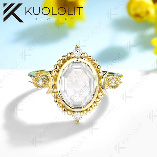 Kuololit 2CT Portrait Cut Moissanite Ring for Women Solid 14K 10K 585 Yellow Gold Engagement Ring for Christmas Gifts Party NEW