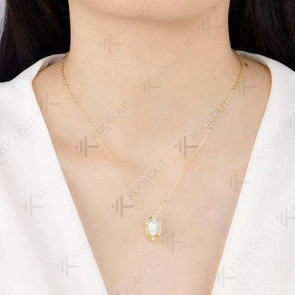 Kuololit 2.5CT Elonged Hexagon White Champagne Moissantie Necklace for Women Solid 585 14K 10K Yellow Gold Custom Necklace for Christmas Gifts