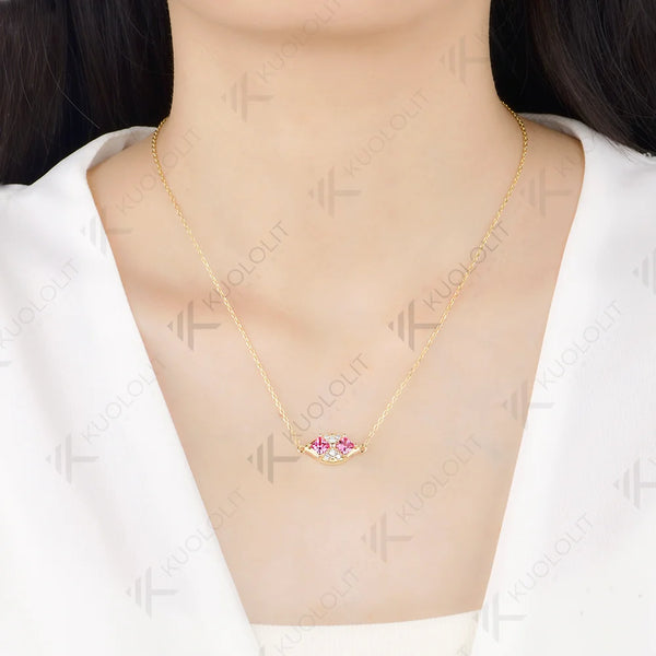 Kuololit 1.6CTW Lab Pink Sapphire Princess Cut Moissanite Custom Necklace for Women Solid 585 14K 10K Yellow Gold for Christmas