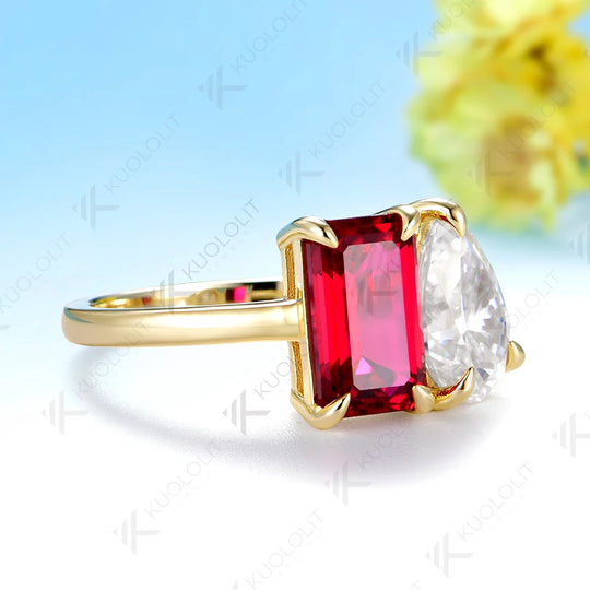 Kuololit 5.5CTW Lab Grown Ruby Moissantie Custom Ring for Women Solid 14K 10K  Yellow Gold Pear for Anniversary Christmas Gift