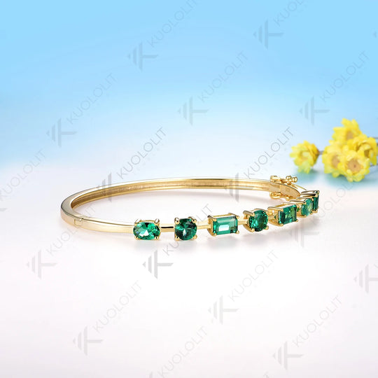 Kuololit Lab Grown Emerald Bangle for Women Solid 10K Yellow Gold Oval Shaped Gemstone Round Bracelet for Engagement Trendy Gift