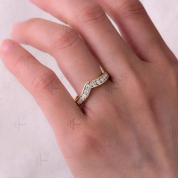 Kuololit 0.5ctw Moissantie V Band Rings for Women Solid 585 14K Gold Matching Band Set Ring for Anniversary Classic Christmas