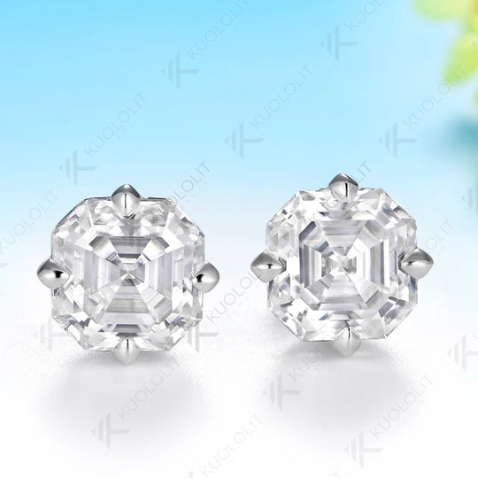 Kuololit 4CTW Asscher Cut Cyan Moissanite Stud Earrings for Women Solid 14K 10K 585 Gold Earrings for Engagement Wedding Christmas