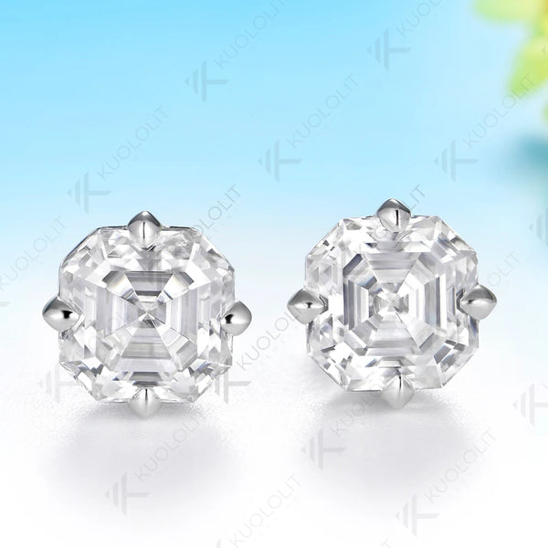 Kuololit 4CTW Asscher Cut Cyan Moissanite Stud Earrings for Women Solid 14K 10K 585 Gold Earrings for Engagement Wedding Christmas