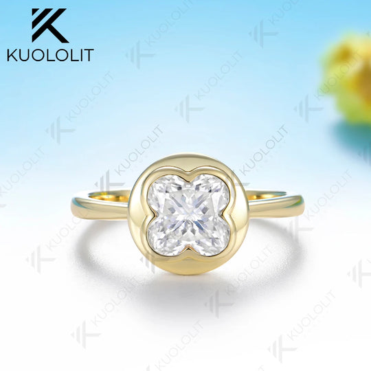 Kuololit 1.5CT Four Leaf Clover Moissanite Engagement Ring for Women Solid 14K 585 Yellow Gold Lucky for Christmas Party